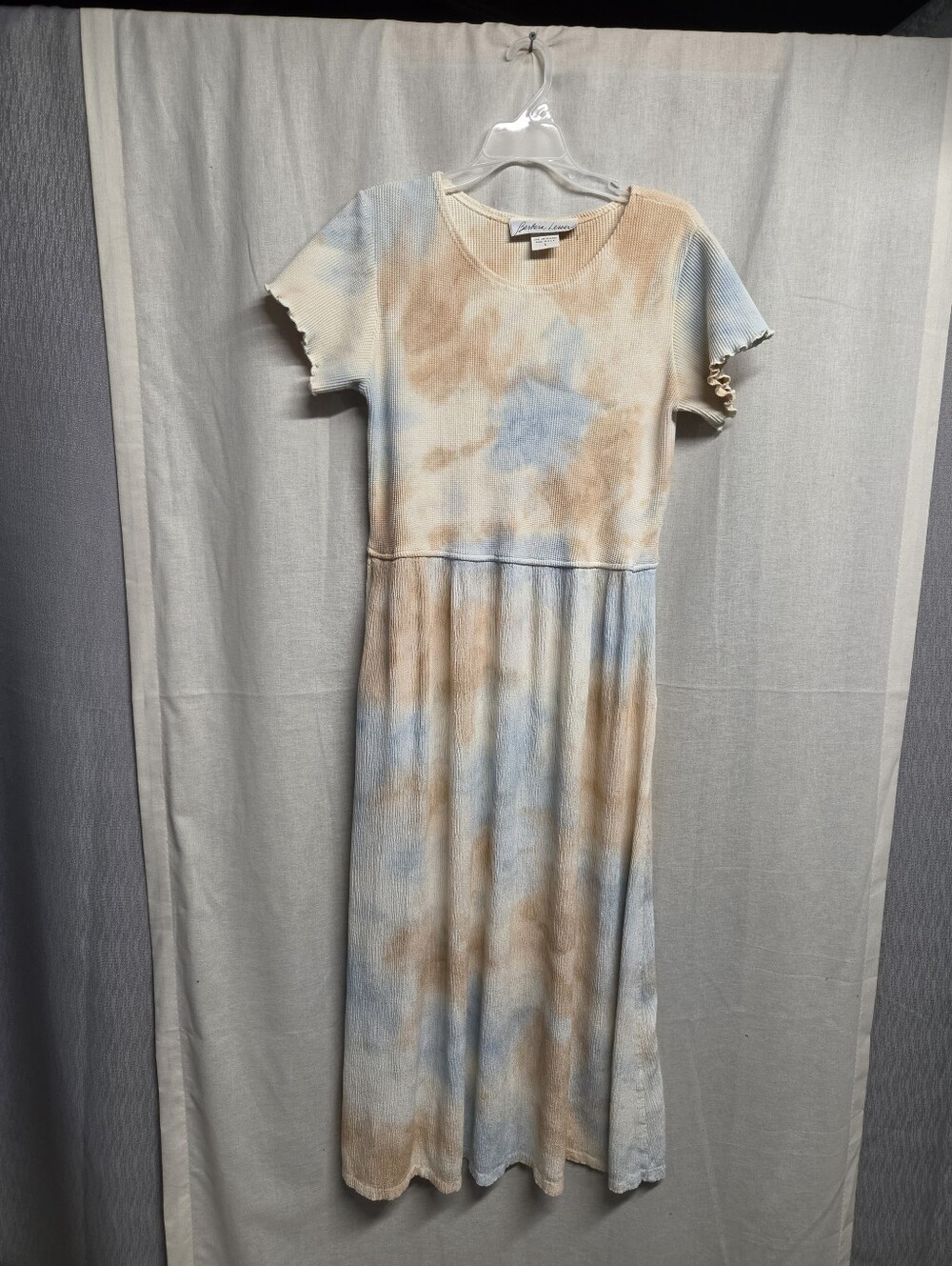 Vintage Tie-Dye Peach & Blue Midi Dress with Ruffled Sleeves